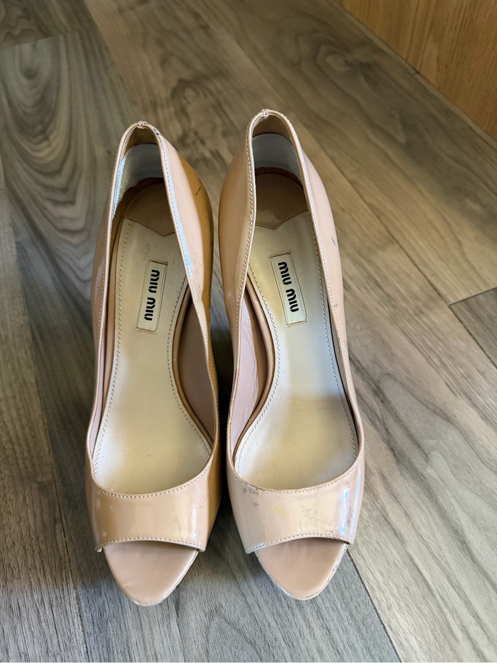 Miu Miu Blush Patent Peep-Toe Pumps